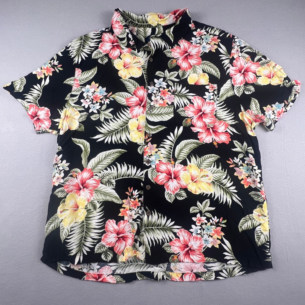 Hawaiian Shirt Mens 2XL Black Tropical Hibiscus Floral Beach Party Vacation